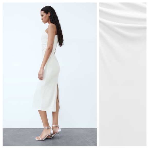 NWT. Zara White Knit Fabric Midi Dress with Asymmetric Neckline. Size L - Picture 5 of 5